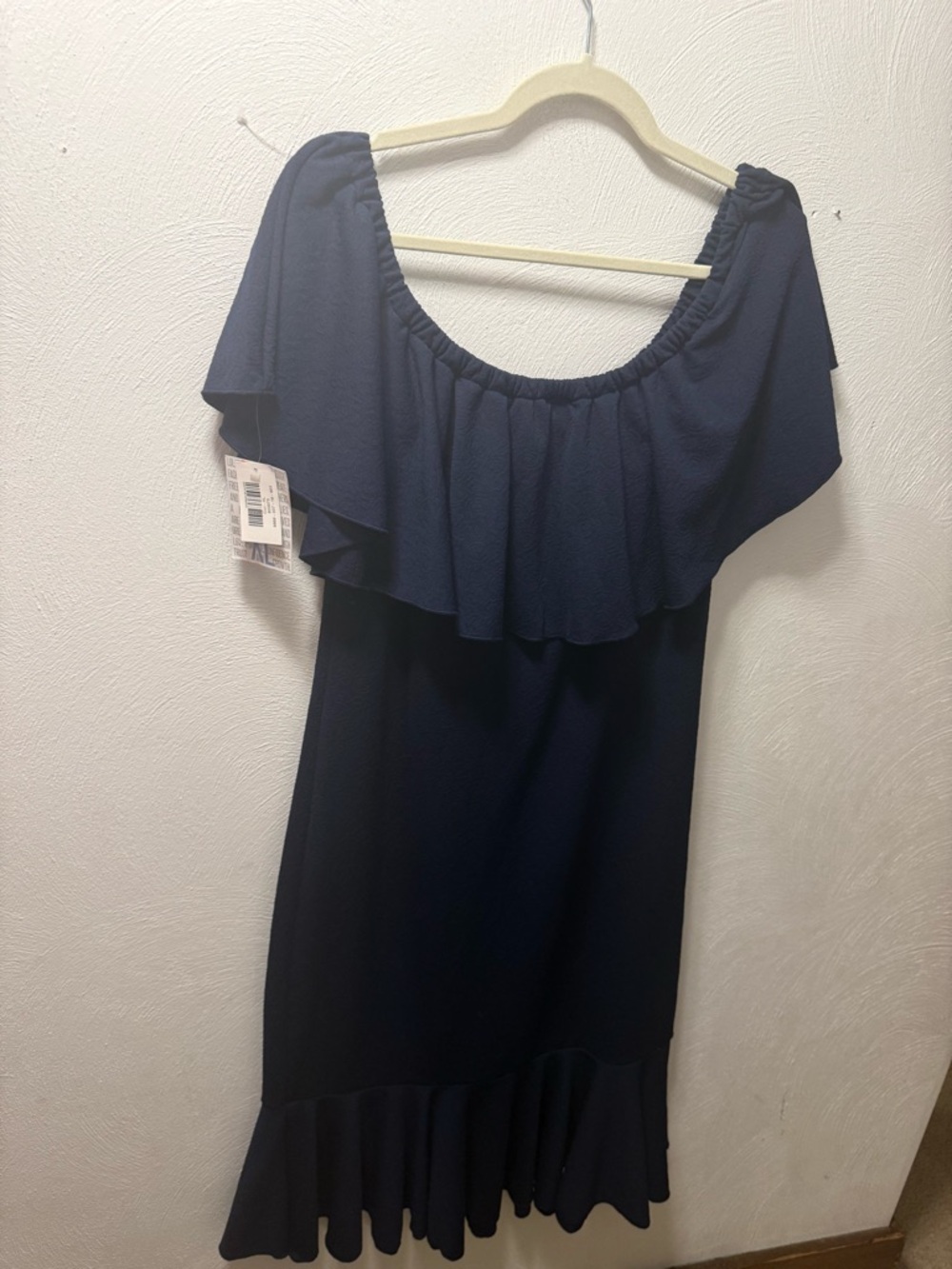 Lularoe Cici Dress XL Navy Blue Ruffle Off Shoulder Midi Vacation Resort Boho - Picture 2 of 8